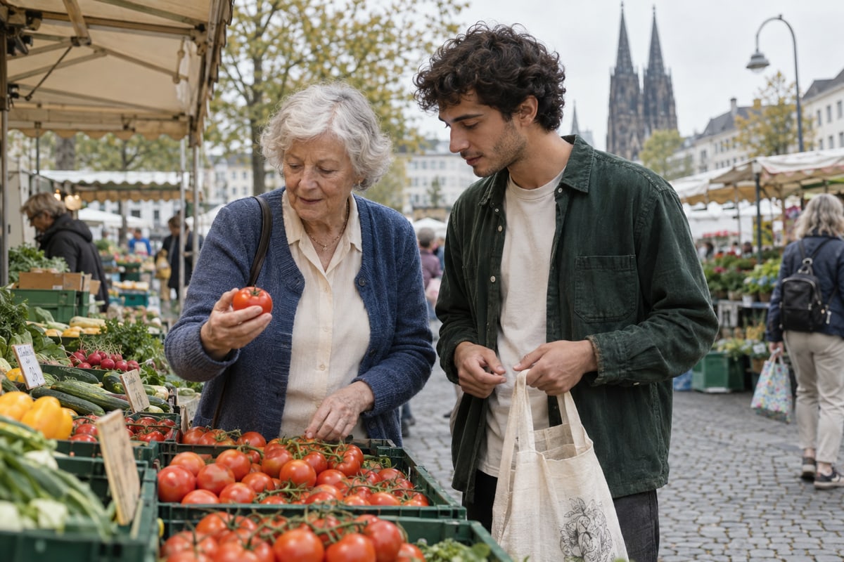 Marga wählt eine Tomate aus, Luca hält neben ihr die Einkaufstasche