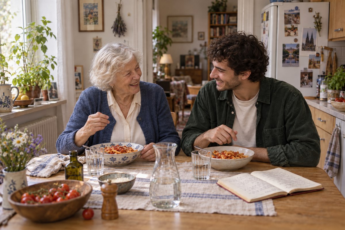 Marga und Luca lachen miteinander am Tisch mit ihrer selbst gekochten Pasta