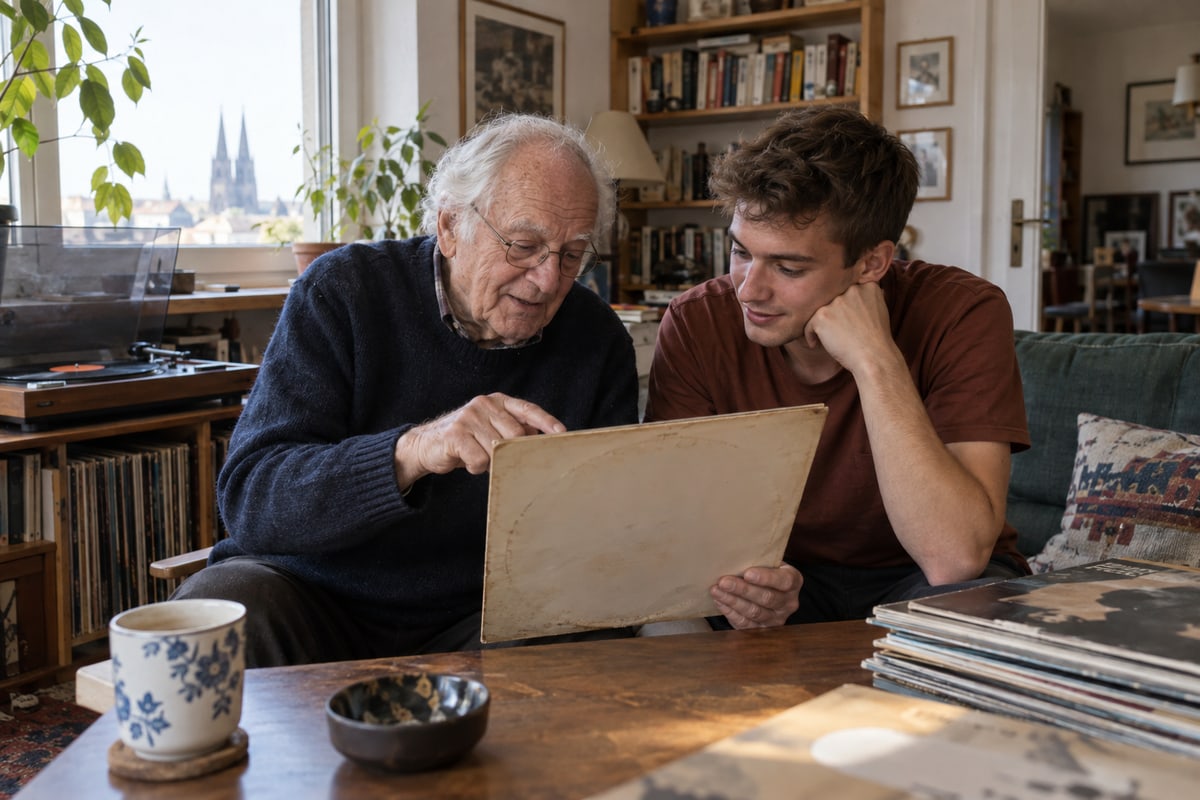 Helmut und Jonas betrachten gemeinsam die Hülle einer Schallplatte