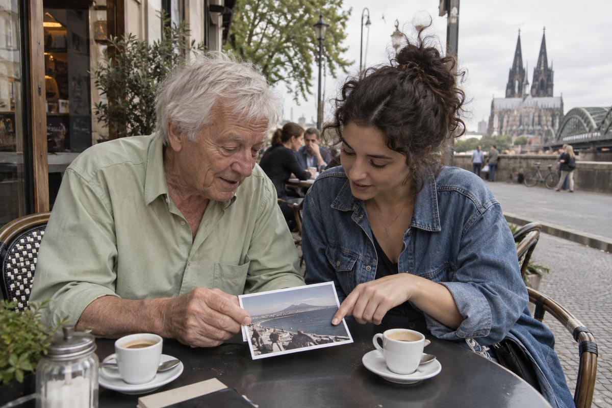 Dieter und Aylin schauen sich bei Espresso ein altes Urlaubsfoto an