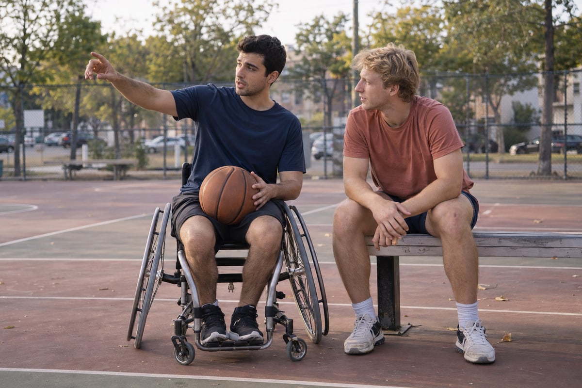 Emre im Sportrollstuhl bespricht mit Ben am Spielfeldrand den nächsten Wurf